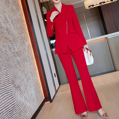 Wholesale High-quality Women Suits Dealers 2 Pieces Single Breasted Sets Fashion Office Lady Elegant Blazer and Flare Trouser