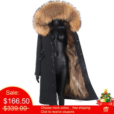 2024 New Winter Jacket Women X-Long Parka Waterproof Big Natural Raccoon Fur Collar Hood Real Fur Coat Thick Warm Real Fox Fur