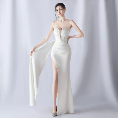 31525# Shaped Fishbone Cinched Waist Beads New High-end Evening Dress