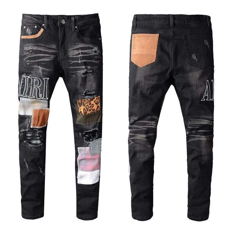 In Stock AM Jeans Men Embroidery Holes Gradient Splicing Trend Jeans High Street Pant Streetwear Fashion Men Denim Jeans
