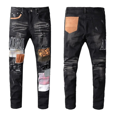 In Stock AM Jeans Men Embroidery Holes Gradient Splicing Trend Jeans High Street Pant Streetwear Fashion Men Denim Jeans