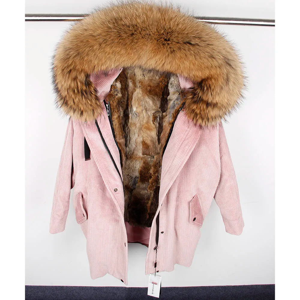 MAOMAOKONG 2022 Winter Parkas With Natural Real Raccoon Fur Collar Women Fur Coat CorduroyWarm Long Jacket Female Clothing
