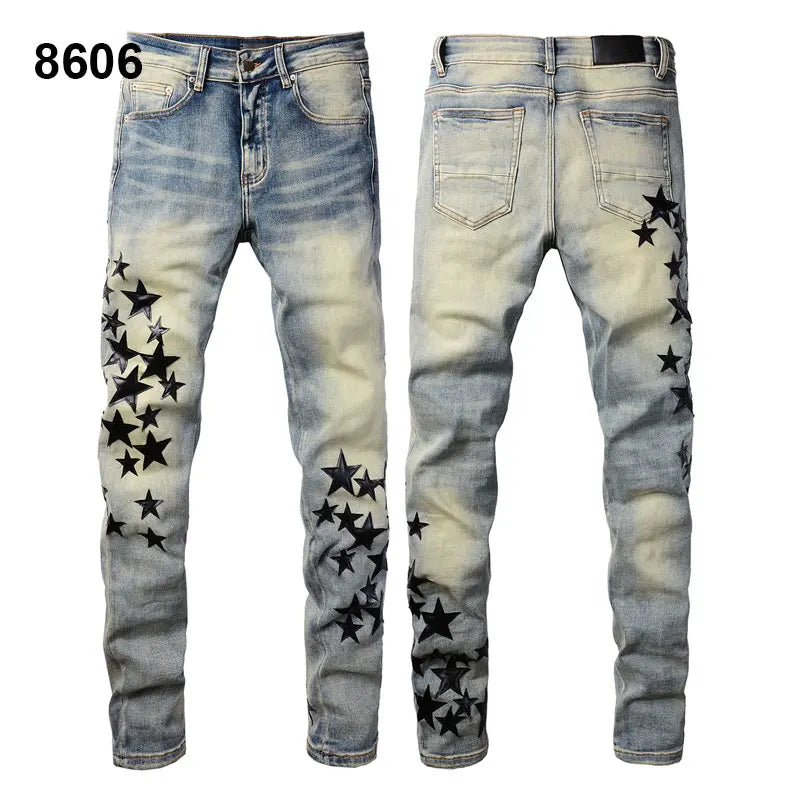 Factory Direct Skate Culture Stretch Denim Hand Distressed Abraded Reveal Intricate Crystal Embellishment Patch Skinny-Fit Jeans