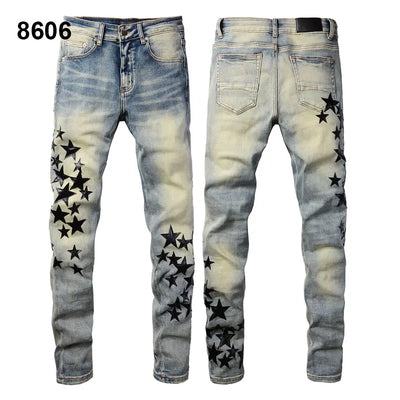 Factory Direct Skate Culture Stretch Denim Hand Distressed Abraded Reveal Intricate Crystal Embellishment Patch Skinny-Fit Jeans