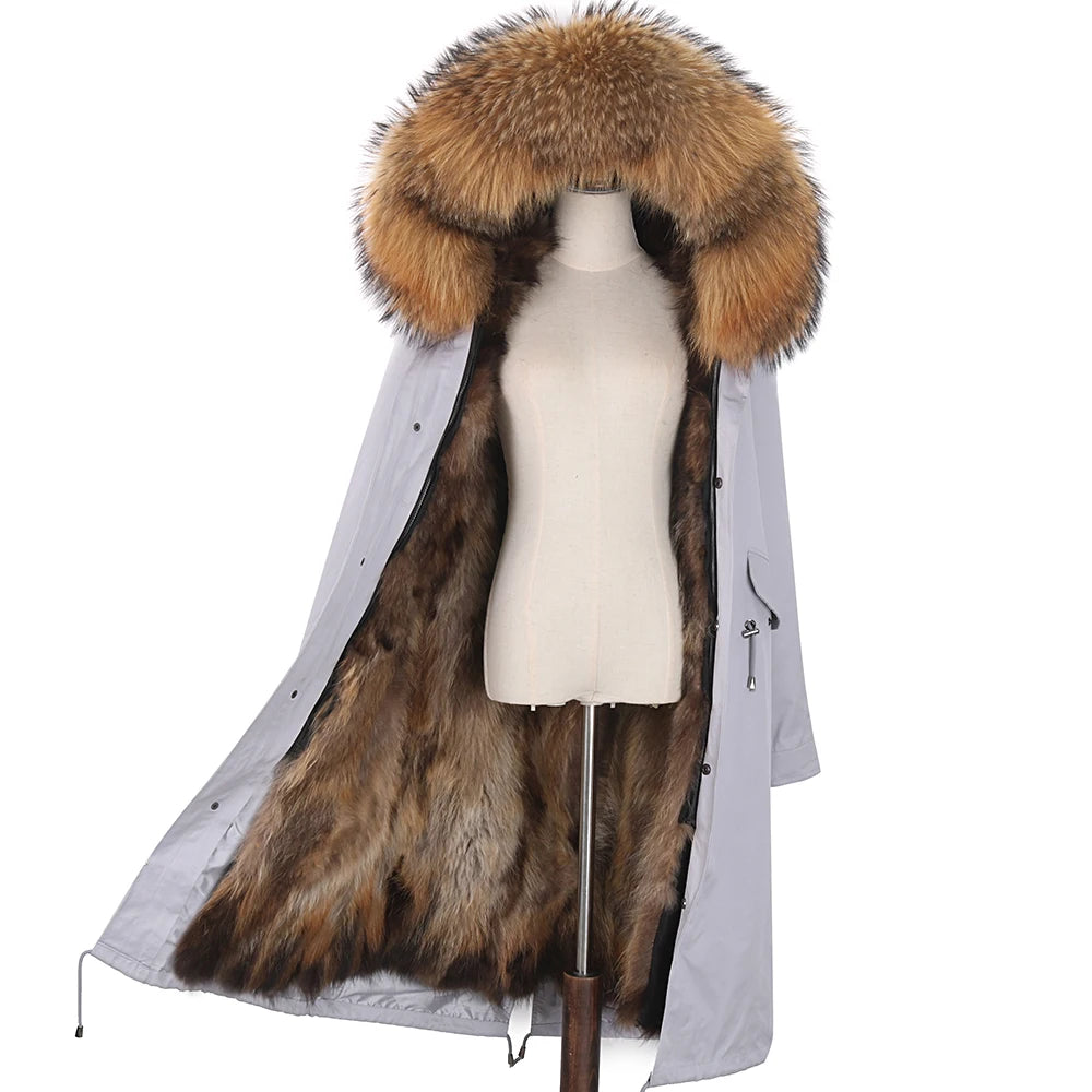 2024 New Winter Jacket Women X-Long Parka Waterproof Big Natural Raccoon Fur Collar Hood Real Fur Coat Thick Warm Real Fox Fur