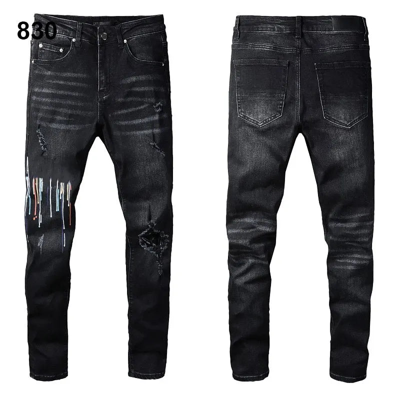Factory Direct Skate Culture Stretch Denim Hand Distressed Abraded Reveal Intricate Crystal Embellishment Patch Skinny-Fit Jeans