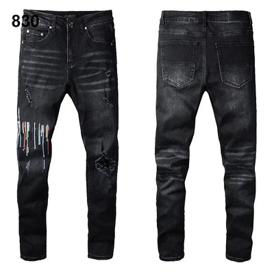 Factory Direct Skate Culture Stretch Denim Hand Distressed Abraded Reveal Intricate Crystal Embellishment Patch Skinny-Fit Jeans