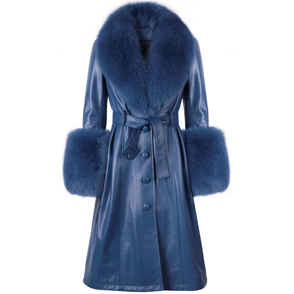 Women's Winter Long Genuine Sheep Leather Coat With Real Fox Fur Big Furry Collar Coats for Women
