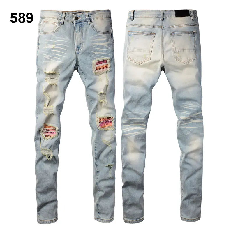 Factory Direct Skate Culture Stretch Denim Hand Distressed Abraded Reveal Intricate Crystal Embellishment Patch Skinny-Fit Jeans