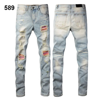 Factory Direct Skate Culture Stretch Denim Hand Distressed Abraded Reveal Intricate Crystal Embellishment Patch Skinny-Fit Jeans