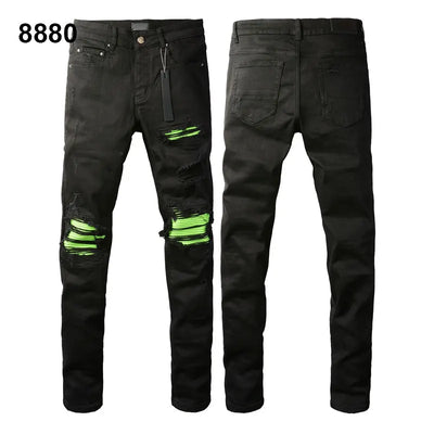 Factory Direct Skate Culture Stretch Denim Hand Distressed Abraded Reveal Intricate Crystal Embellishment Patch Skinny-Fit Jeans
