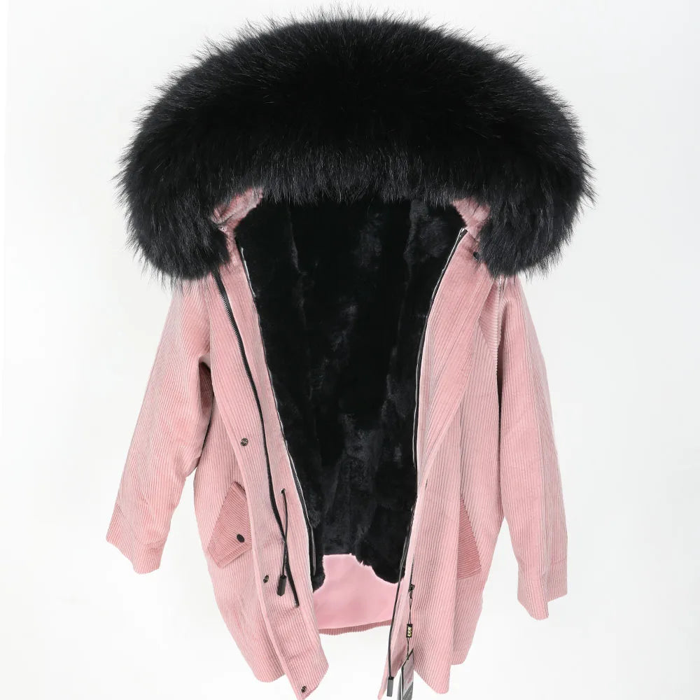 MAOMAOKONG 2022 Winter Parkas With Natural Real Raccoon Fur Collar Women Fur Coat CorduroyWarm Long Jacket Female Clothing