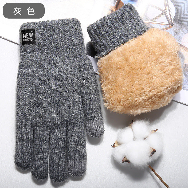 Knitted gloves winter men's double-layer fleece-lined thick warm express take-out riding gloves cold-proof touch screen cross-border