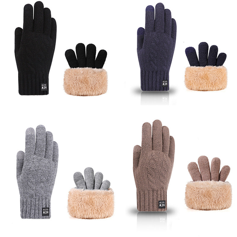 Knitted gloves winter men's double-layer fleece-lined thick warm express take-out riding gloves cold-proof touch screen cross-border