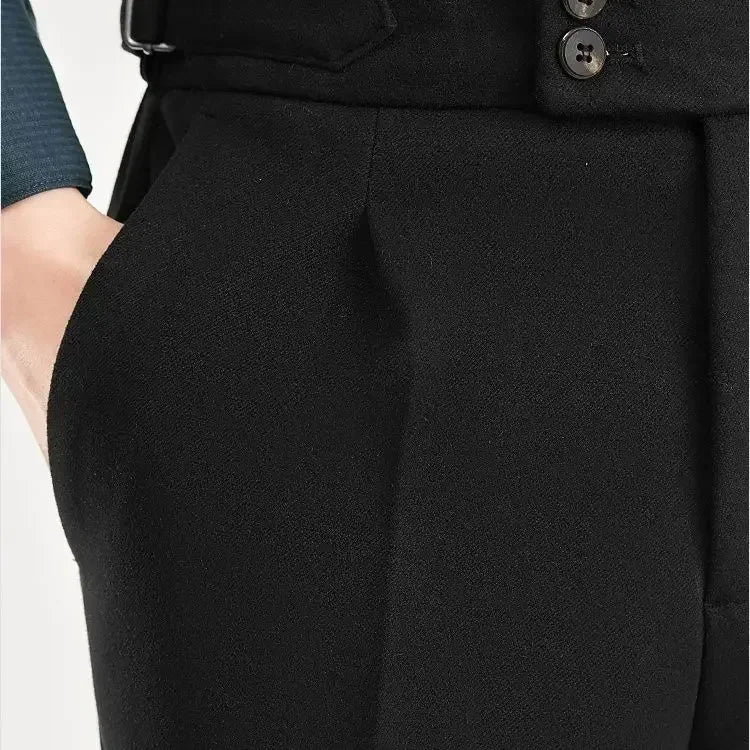2025 Men's Autumn Winter Fashion High Waist Wool Trousers Male Tweed Casual Pockets Pants Men Long Straight Suit Pants F394