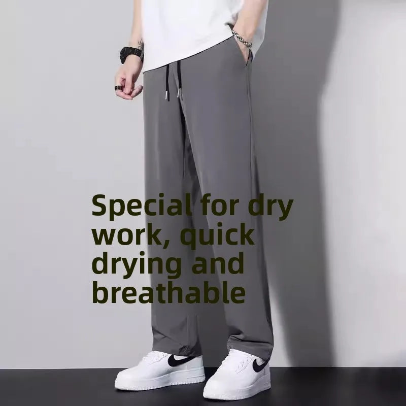 New 2025 Men's Ice Silk Qui Dry Casual Pants Thin Straight Leg Loose Drapey Spor Summer Long Trousers Everyday Wear