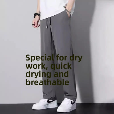 New 2025 Men's Ice Silk Qui Dry Casual Pants Thin Straight Leg Loose Drapey Spor Summer Long Trousers Everyday Wear