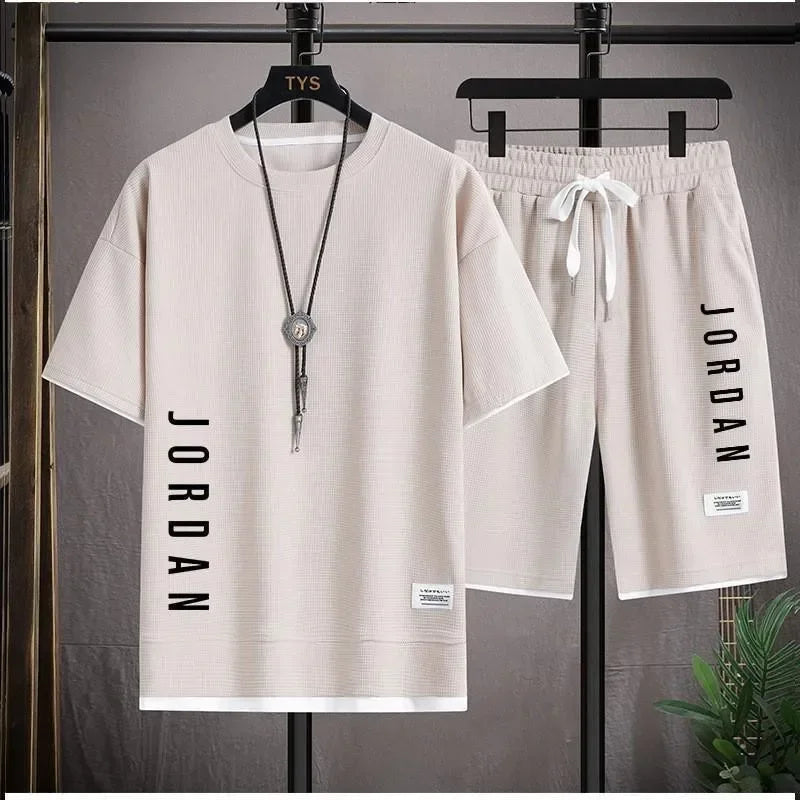 The new 2025 summer casual men's sports suit fashion outdoor hiking breathable short-sleeved T-shirt + shorts two-piece set