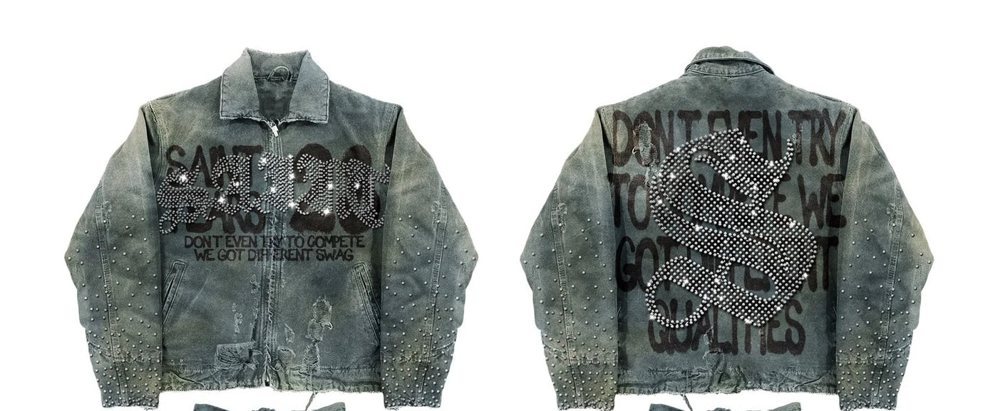 Mens Clothes Letter Embroidery Patchwork Rhinestone Y2k Two Piece Set Hip Hop Retro Zipper Denim Jacket Baggy Jeans Streetwear