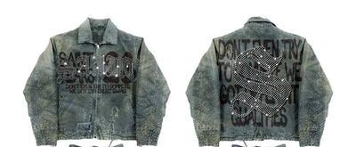 Mens Clothes Letter Embroidery Patchwork Rhinestone Y2k Two Piece Set Hip Hop Retro Zipper Denim Jacket Baggy Jeans Streetwear