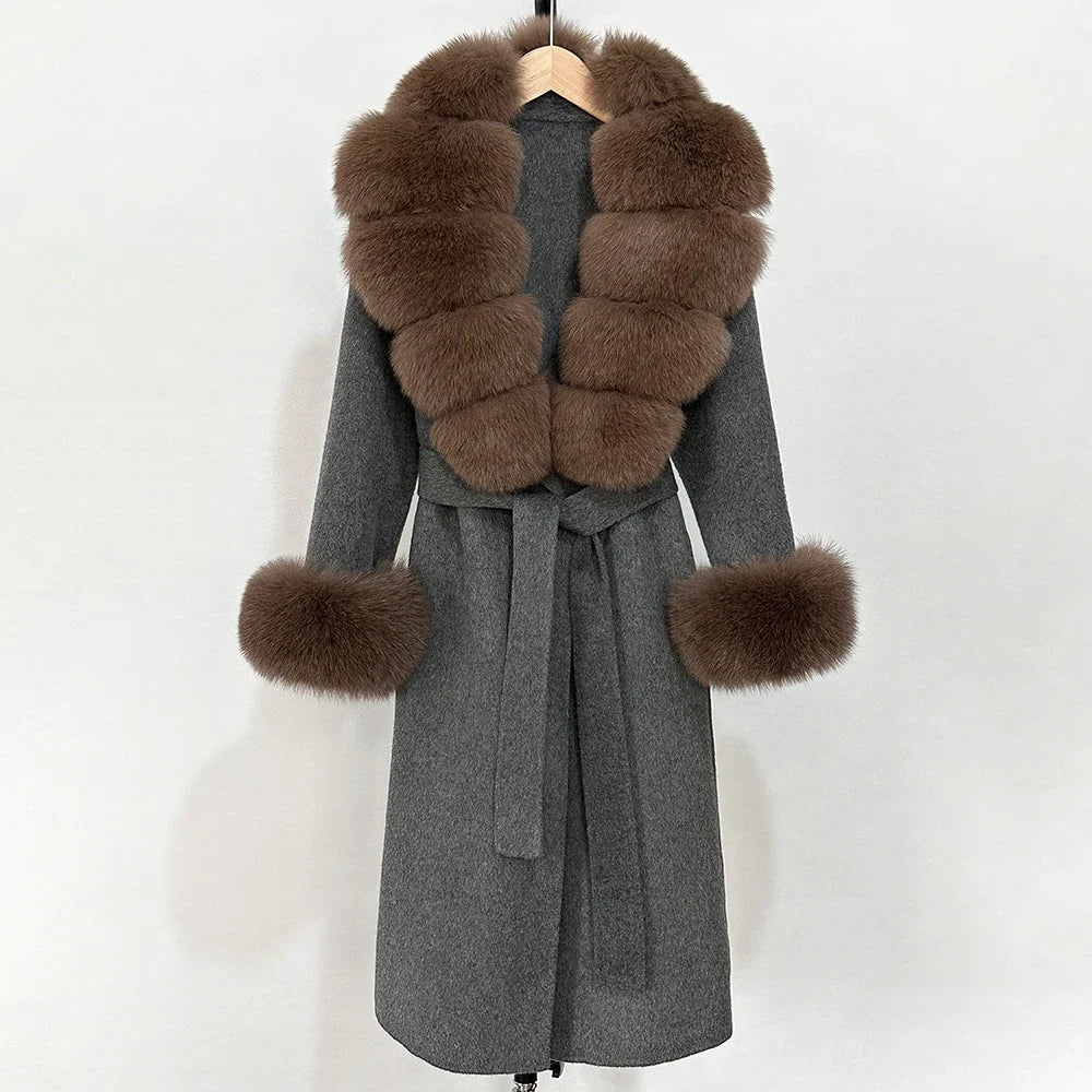 2025 New Autumn Wool Blend Coat Women Elegant Warm Real Fox Fur Collar Winter Wool Coat Female Double-sided Cashmere Jacket