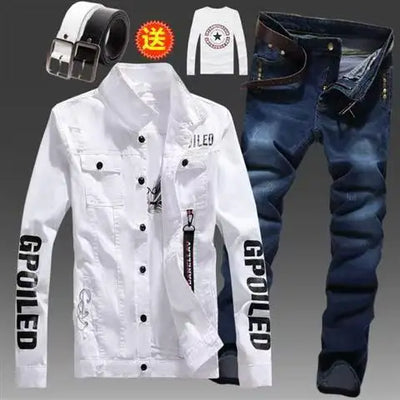 Men's Slim Fit Denim Jacket Pants 2pcs Set Long Sleeve Coats Letters Printed Casual Large Size Black White Red Boys Trousers