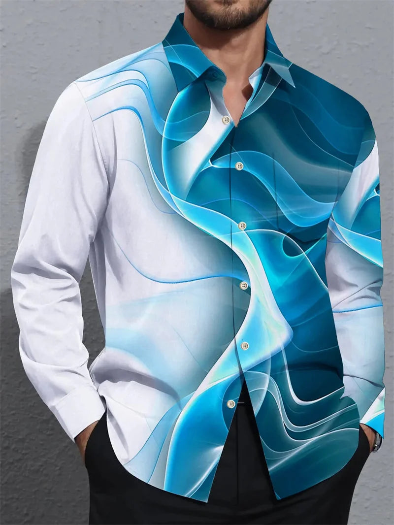 Exquisite gradient pattern men's shirt luxurious 3D printed shirt casual loose long sleeved lapel