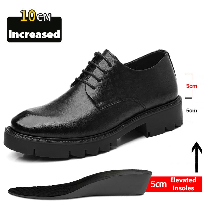 New Luxury Men's Brogues Leather Elevator Shoes Man Height Increase Insole 8cm/10cm Black Formal Business Wedding Work Men Shoes