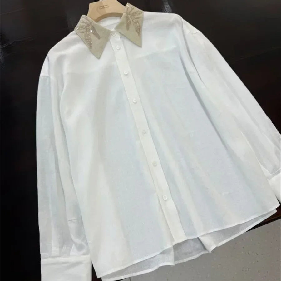 Women White Linen Blends Shirt Sequin Embroidery Turn-Down Collar Long-Sleeved Lady Loose Blouse
