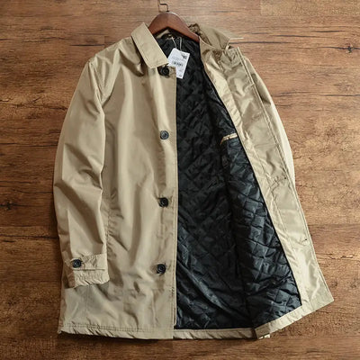 Men's Elegant Windbreaker Korean Style Simple Cotton Jacket for Warmth in Winter Medium Length Lapel Trench Coat Button Up Top