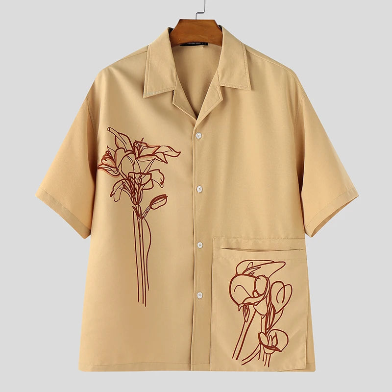 INCERUN Men Shirt Summer Printing Vacation Oversize Lapel Short Sleeve Men Clothing Streetwear 2025 Fashion Casual Tops Men