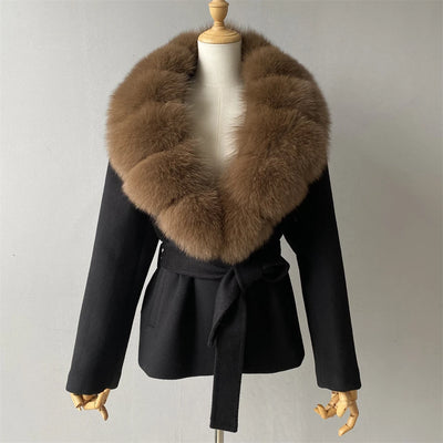 Jaxmonoy Women's Wool Coat with Luxury Big Real Fox Fur Collar 2025 Winter Warm Woolen Jacket Ladies New In Outerwear with Belt
