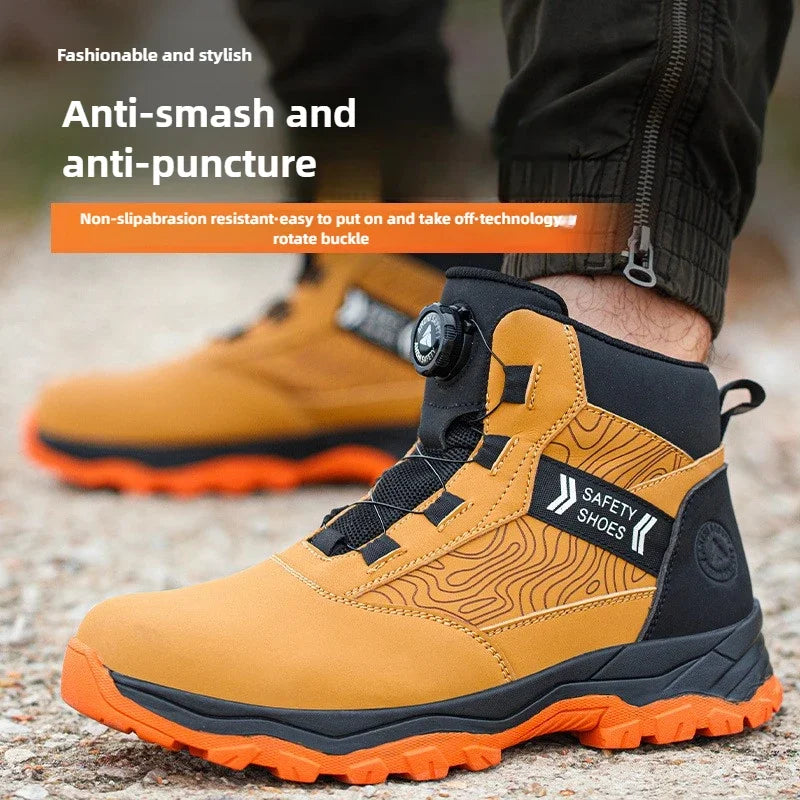 waterproof work shoes high man rotating button safety shoes anti-slip rubber outsole work boots sneakers with steel toe cap