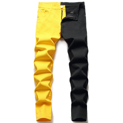 New Men 2022 American Style Fashion Stitching Two-color Yellow and Red Trend Stretch Jeans Male Trousers Denim Pants