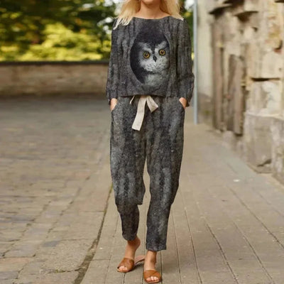 Spring Summer New Vintage Print Long Sleeve round Neck T-Shirt Set Wide Leg Pants Ethnic Style Fashionable Women's Outfit