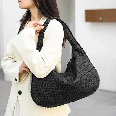 New Vegan Leather Hobo Bag Handmade Woven Casual Female Half Moon Handbag Big Capacity Patchwork Zipper Women Tote Shoulder Bags