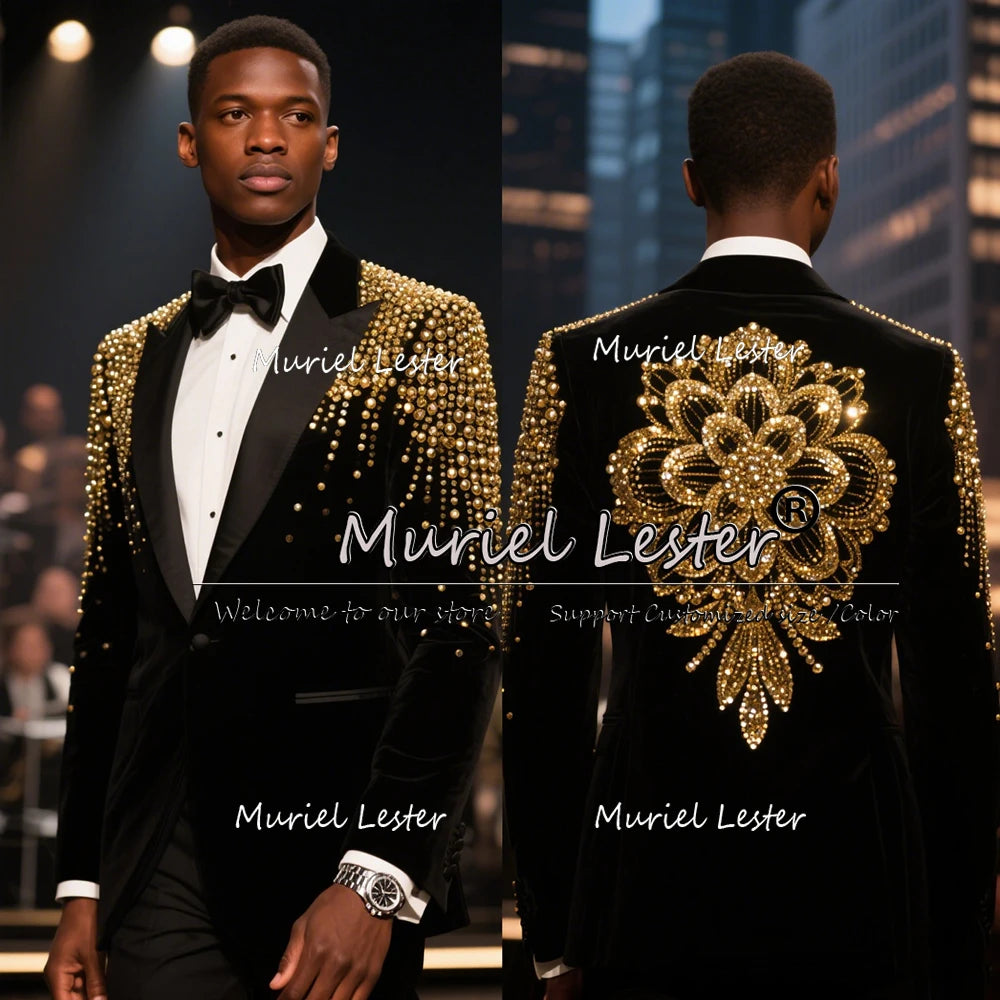 Gold Flowers Pearls Beaded Stones Suits Men 2 Pieces Costume Homme Single Breasted Groom Blazers Customized Wedding Tuxedos 2026