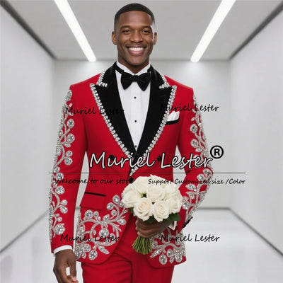 Sparkly Crystals Beaded Suits Men For Wedding Black Peaked Lapel Prom Blazers Outfit 2 Pieces Groom Tuxedos Customized Clothing