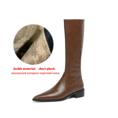 Krazing Pot Cow Skin Ins Pointed Toe Thick Heels Riding Boots British School Slip On French Romantic Model Wear Thigh High Boots