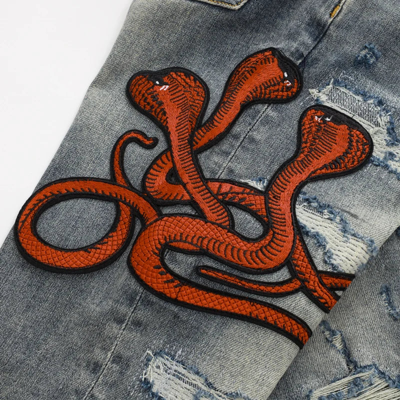 Y2K street fashion new men's jeans Y2k snake embroidery nostalgic washed elastic slim fit perforated red skin patch light blue