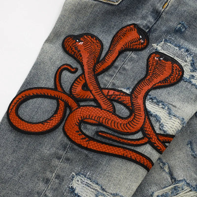 Y2K street fashion new men's jeans Y2k snake embroidery nostalgic washed elastic slim fit perforated red skin patch light blue