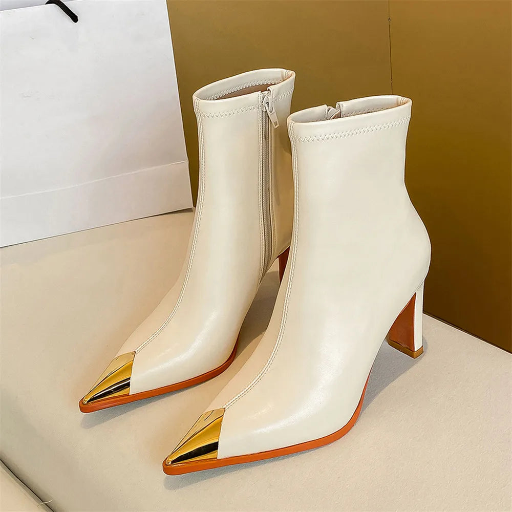 MILI-MIYA Fashion Metal Cover Pointed Toe Women Microfiber Ankle Boots Thick Heels Zippers Solid Color Casuals Street Shoes Hand