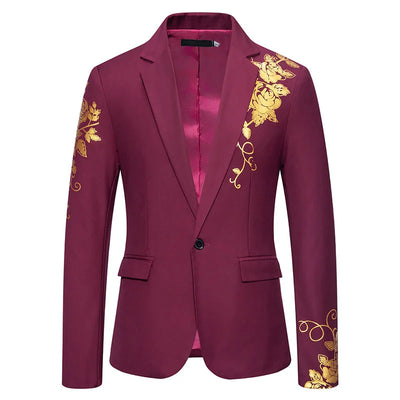Gold Floral Print Blazer Suits Wedding One Button Men's Formal African Evening Jacket Coat Lapel Collar Notched Prom Bridegroom