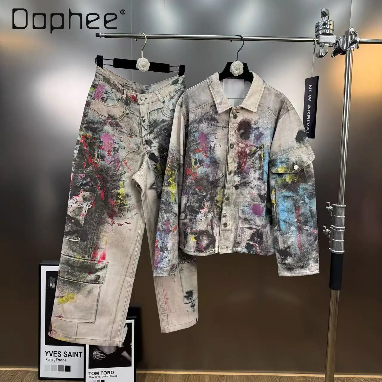 2025 Autumn Retro Style Painted Graffiti Print Loose Jacket Cargo Pants Two-Piece Set Women American Street Fashion Denim Suit