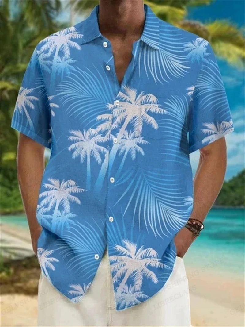 Summer Fashion Men's Hawaiian Shirts Coconut Tree Lapel Camisas Short Sleeve Shirt Floral Blouse Turn Over Collar Clothes Male