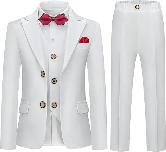 Boys Formal White 5Pieces/Set Jacket Vest Pants Bowtie+Pocket Cloth Wedding Birthday Party Dress Kids Host Performance Costume