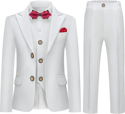 Boys Formal White 5Pieces/Set Jacket Vest Pants Bowtie+Pocket Cloth Wedding Birthday Party Dress Kids Host Performance Costume