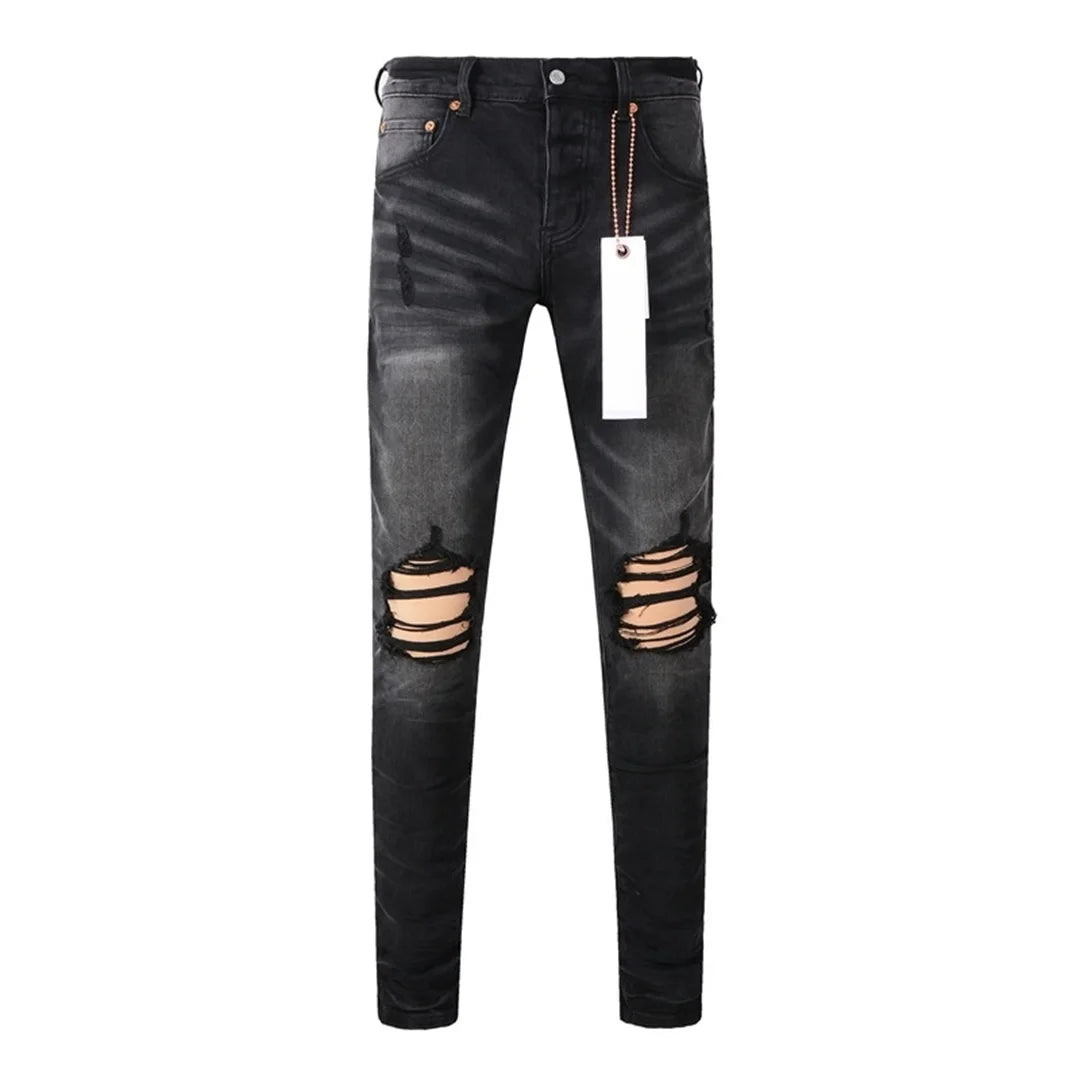 Americans High Street Trendy Men's Jeans Low Rise Stretch PantsSkinny Button Fly Ripped Retro Hold Trousers