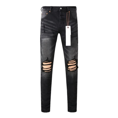 Americans High Street Trendy Men's Jeans Low Rise Stretch PantsSkinny Button Fly Ripped Retro Hold Trousers