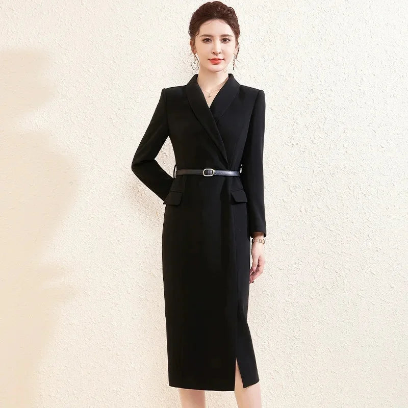 Elegant Slim Fit Suit Dress for Women Black Long Sleeve Commute Friendly Professional Long Skirt Style Spring Ready